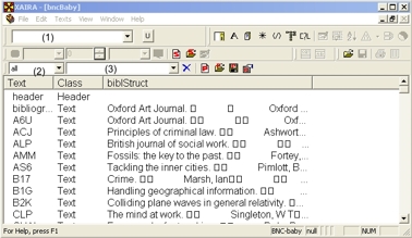 A Xaira window with Quick Query (1), partitions (2) and Partition Class (3)
marked