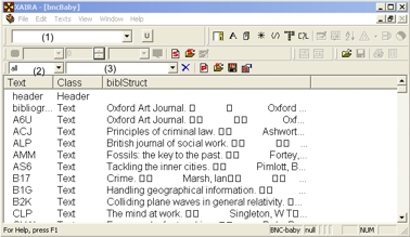 A Xaira window with Quick Query (1), partitions (2) and Partition Class (3)
              marked