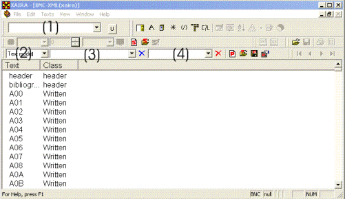 A Xaira window with Quick Query (1), Activate partitions (2), Activate class (3), and Activate region (4)
              marked